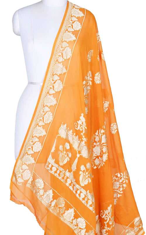 Orange khaddi georgette Banarasi dupatta with leaf shape boota