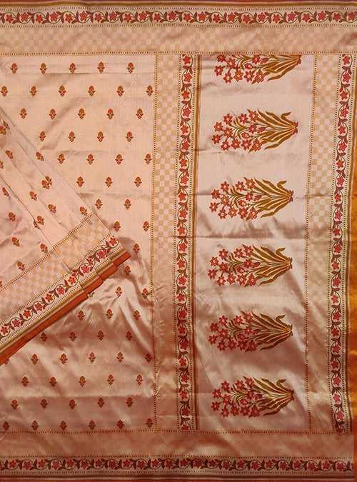 Peach Katan silk handloom Banarasi saree with mini flower booti