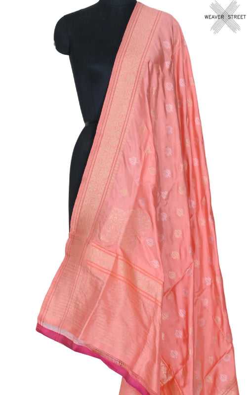 Peach katan silk handwoven ektara Banarasi dupatta with sona rupa buti and konia