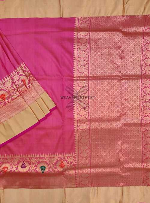 Pink Katan silk Handwoven Banarasi saree with meenedar floral skirt border