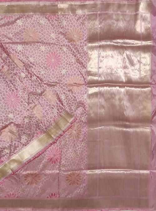 Pink Katan silk handloom Banarasi saree with multi color flower boota