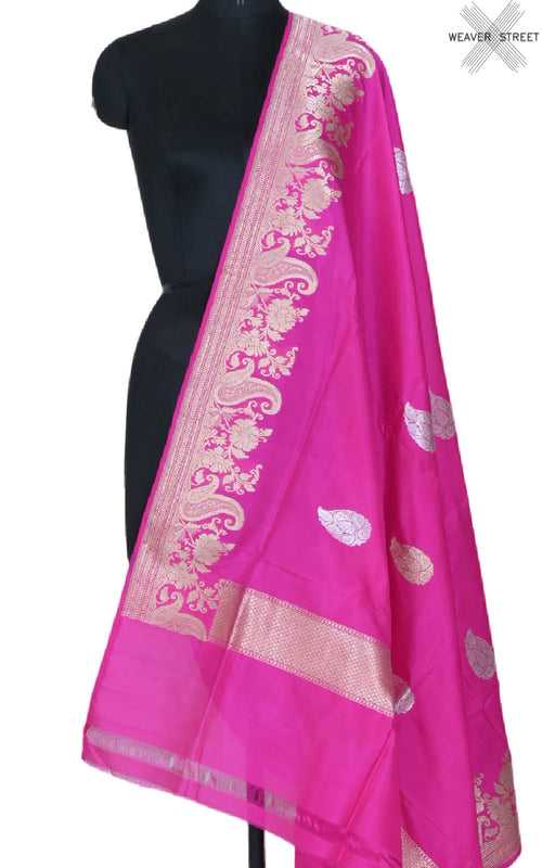 Pink Katan silk handwoven Banarasi dupatta with paisley buta