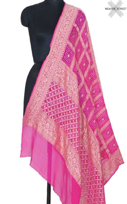 Pink Khaddi georgette Bandhani dupatta with square jaal