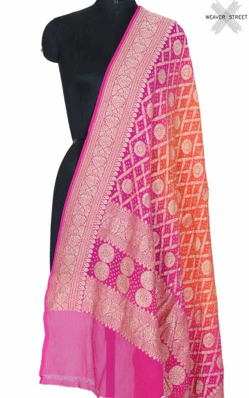 Pink Orange Khaddi georgette Bandhani dupatta with geometrical jaal