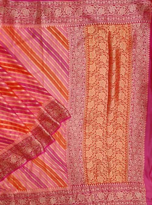 Pink Orange multi color Lehariya chiffon Banarasi saree
