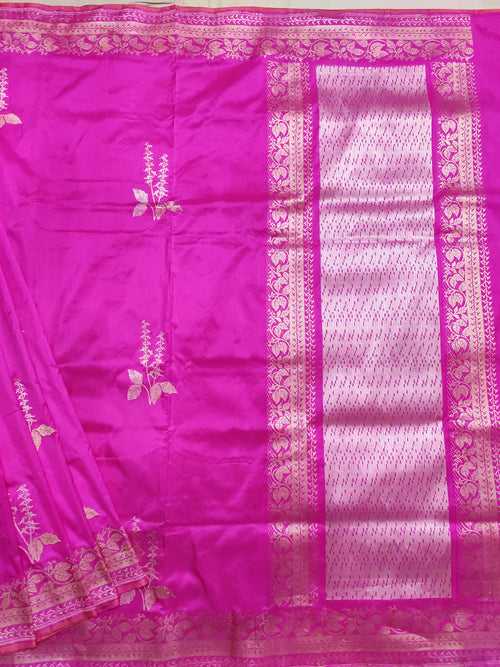 Pink Katan silk handloom Banarasi saree with tulsi plant kadwa boota