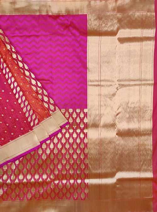 Pink katan silk handloom Banarasi saree with multiple patterns