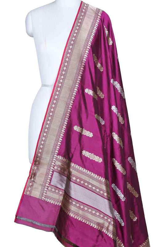 Purple katan silk Banarasi dupatta with stylized sona rupa boota