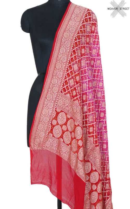 Red Pink Khaddi georgette Bandhani dupatta with grid jaal