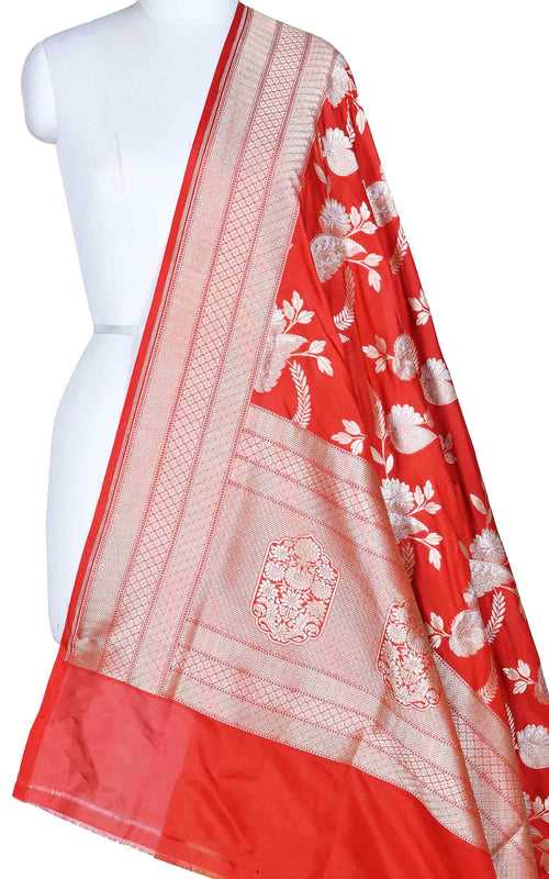 Red katan silk Banarasi dupatta with stylized sona rupa jaal