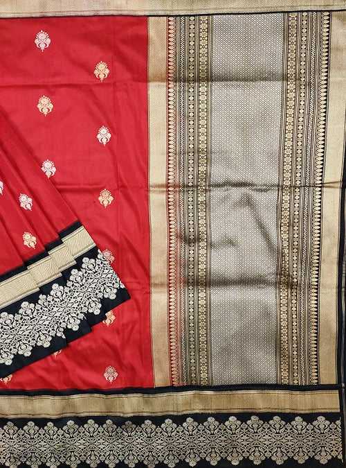 Red katan silk Banarasi saree with artistic sona rupa booti