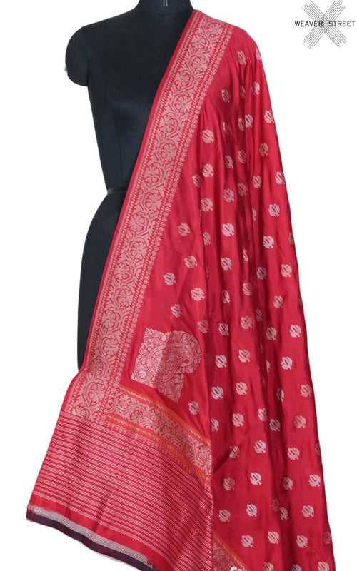 Red katan silk handwoven ektara Banarasi dupatta with sona rupa buti and konia