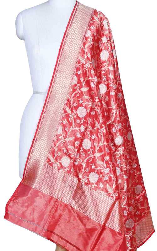 Red katan silk tissue Banarasi dupatta with sona rupa floral jaal