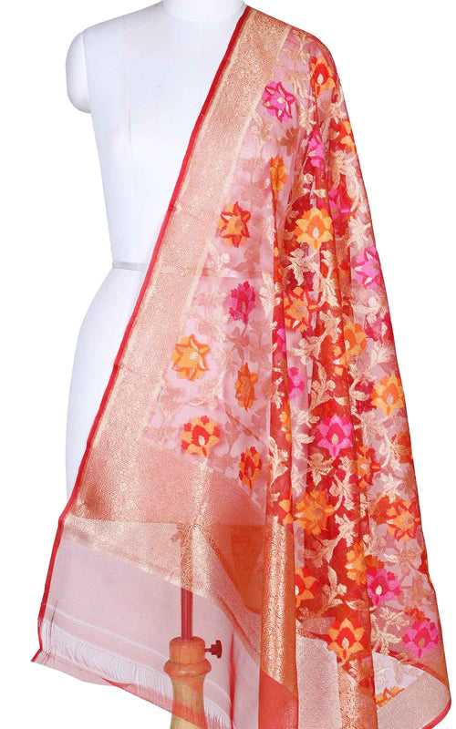 Red kora silk Banarasi dupatta with multi color flower jaal