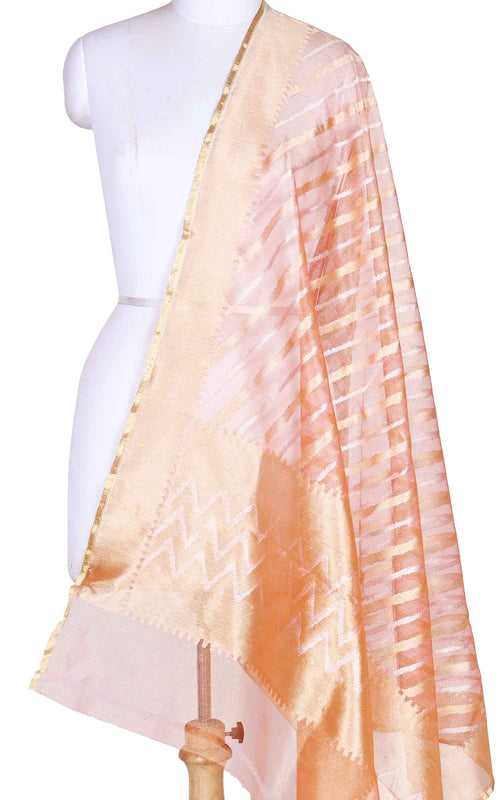 Red kora silk tissue Banarasi dupatta with diagonal stripes