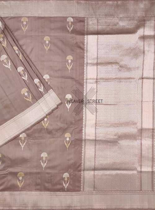 Rose grey katan silk handwoven Banarasi saree with alfi flower buta