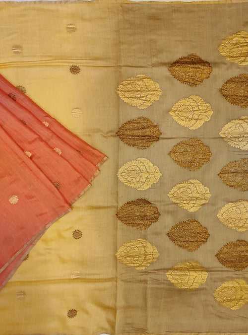 Rust Muga Silk Handwoven Banarasi saree with sun shape kadwa booti