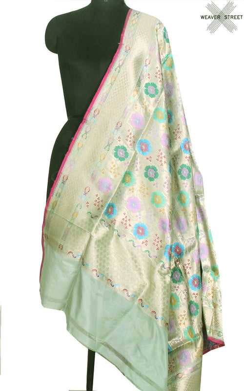 Sage Green katan silk handwoven Banarasi dupatta with multi color flower jaal