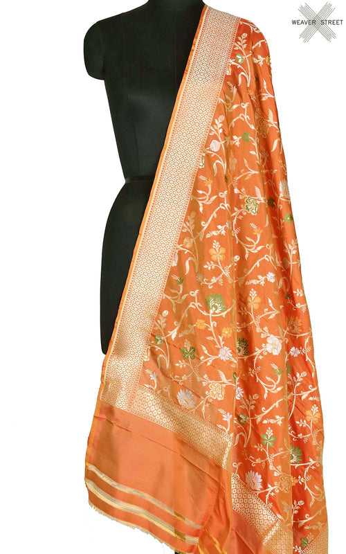 Squash orange katan silk Banarasi dupatta with meenedar floral jaal