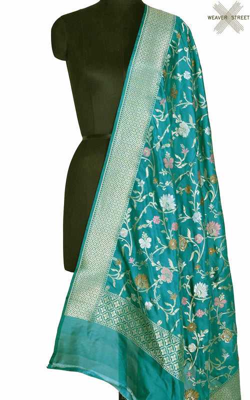 Teal katan silk Banarasi dupatta with meenedar floral jaal