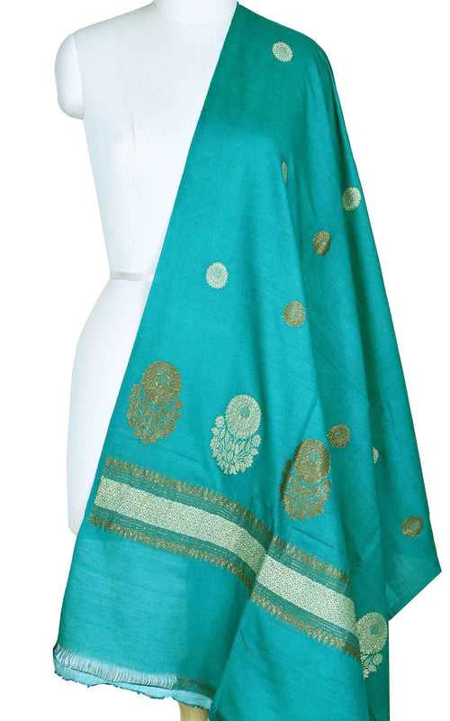 Teal muga silk Banarasi dupatta with round shape flower booti