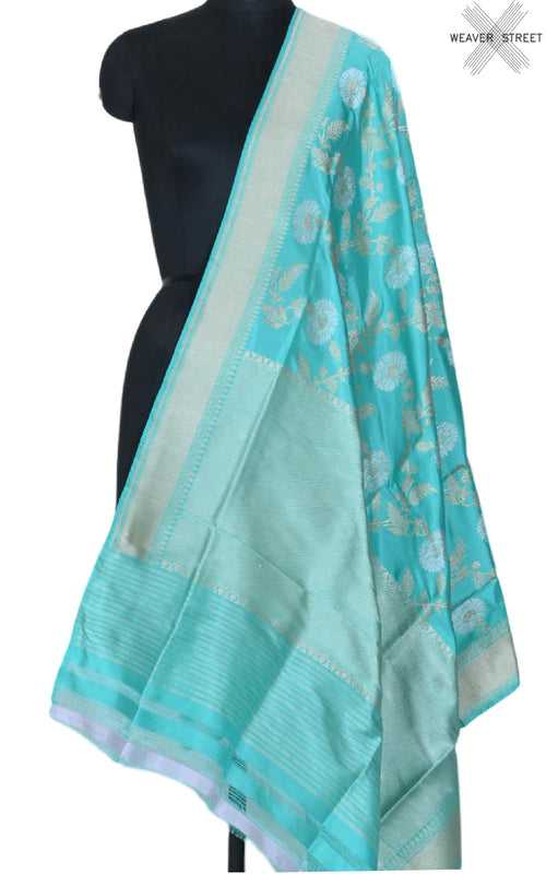 Turquoise Katan silk handwoven ektara Banarasi dupatta with sona rupa kadwa jangla