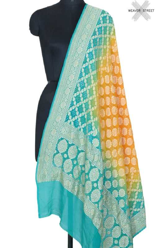 Turquoise Yellow Khaddi georgette Bandhani dupatta with round buti