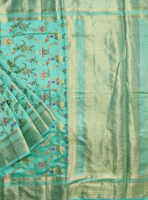 Turquoise Muga Chiniya silk Banarasi saree with meenedar floral jaal
