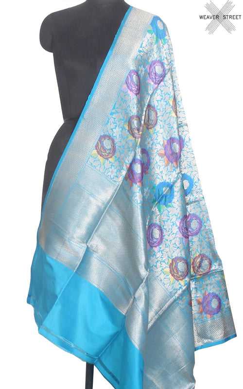 Turquoise katan silk handwoven Banarasi dupatta with multi color floral brocade
