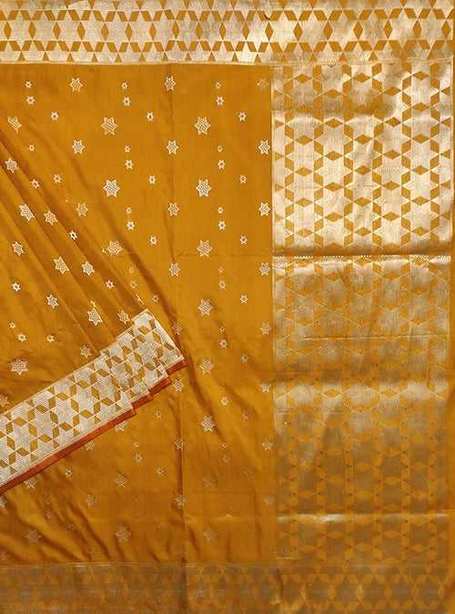 Yellow Katan silk handloom Banarasi saree with sona rupa star booti