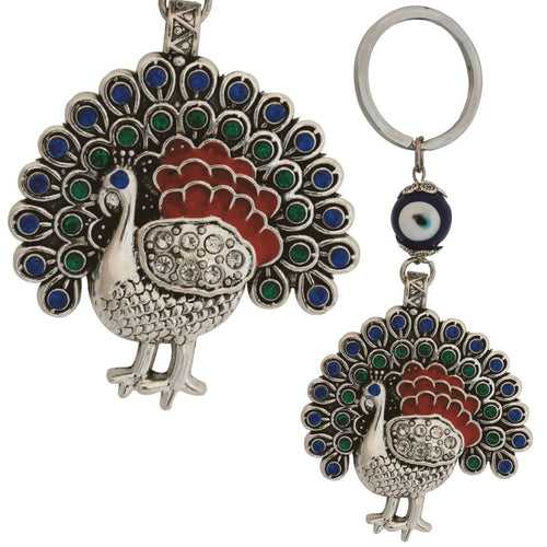 Peacock Keychain Evil Eye Turkish Hanging Car Metal Key Chain Interior Travel Accessories Home Nazar Battu Good Luck Decorative Vastu Suraksha Drishti Bommai Showpiece Items