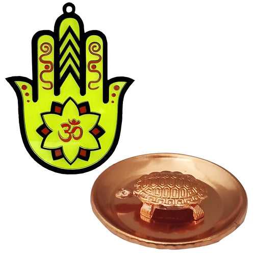 Vastu Copper Plate Tortoise Yantra Hand Hamsa Nazar Battu Car Home Wall Decor Temple Pooja Items Decorative Showpiece Interior Hanging Accessories Mandir Vastu Symbol - Set of 2