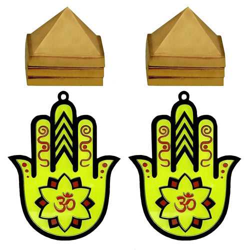 Vastu Wish Pyramid Multilayered Zinc Hand Hamsa Nazar Battu Car Home Wall Decor Temple Pooja Items Decorative Showpiece Interior Hanging Accessories Vastu Yoga Symbol - Set of 4