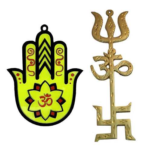 Trishakti Yantra for Car Hand Hamsa Nazar Battu Car Home Wall Decor Temple Pooja Items Decorative Showpiece Interior Hanging Accessories Mandir Vastu Yoga Chakra Symbol - Set of 2