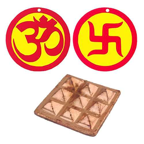 Vastu Wish Pyramid Copper Door Plate Remedy Sri Om Swastik Mandir Home Wall Decor Hindu Temple Pooja Items Decorative Car Hanging Diwali Puja Double Sided Symbol - Set of 2