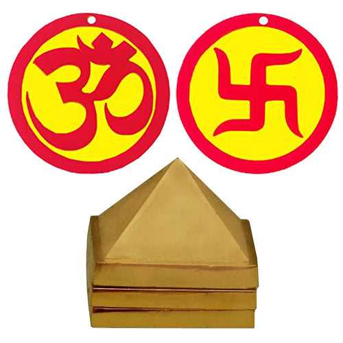 Vastu Remedy Wish Pyramid Multilayered Zinc Sri Om Swastik Mandir Home Wall Decor Hindu Temple Pooja Items Vasthu Decorative Car Hanging Puja Double Sided Symbol - Set of 2