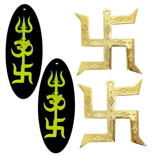 Swastik Pure Brass Golden Hanging Trishakti Yantra Shri Shiva Trishul, Om, Good Luck Charm Double Sided Green Home Wall Decor Pooja Items Vastu Car Decorative - Set of 4