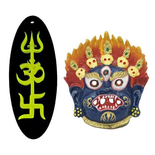 Nazar Battu Mahakala Evil Eye Protection Trishakti Yantra Sri Shiva Trishul, Om, Swastik Single Sided Green Home Wall Decor Pooja Items Vastu Decorative Car Hanging - Set of 2