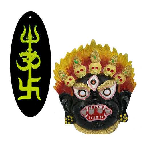 Mahakala Nazar Battu Evil Eye Protection Trishakti Yantra Sri Shiva Trishul, Om, Swastik Single Sided Green Home Wall Decor Pooja Items Vastu Decorative Car Hanging - Set of 2