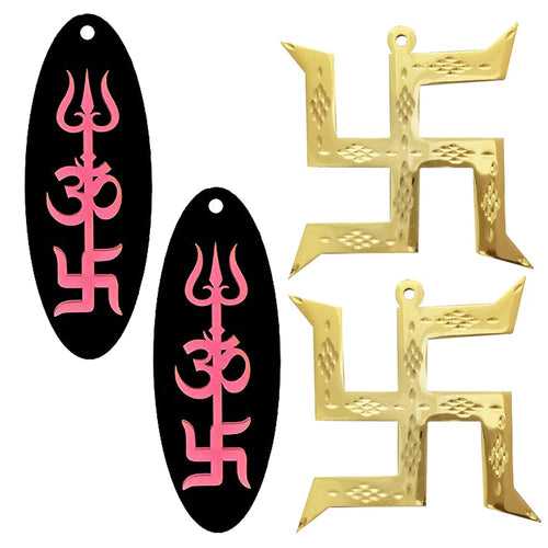 Swastik Pure Brass Golden Hanging Trishakti Yantra Sri Shiva Trishul, Om, Good Luck Charm Double Sided Pink Home Wall Decor Pooja Items Vastu Car Decorative - Set of 4