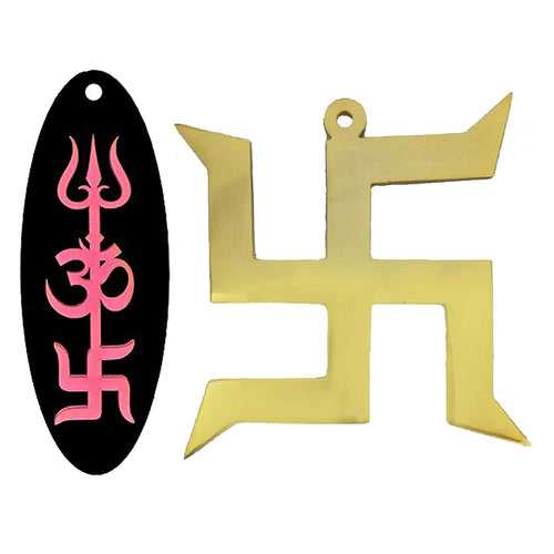 Swastik Pure Brass Gold Hanging Trishakti Yantra Sri Shiva Trishul, Om, Good Luck Charm Double Sided Pink Home Wall Decor Pooja Items Vastu Car Decorative - Set of 2