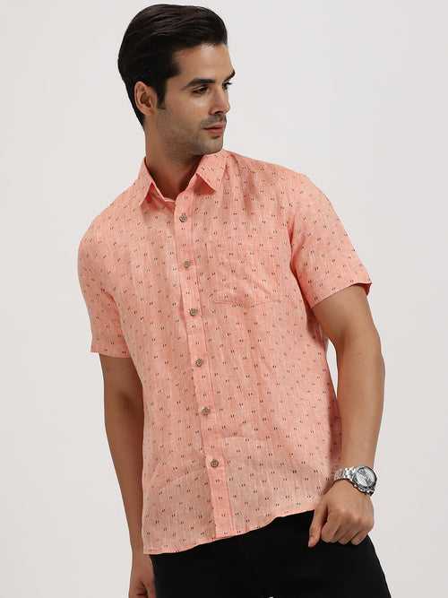 Haynes - Pure Linen Block Printed Dobby Half Sleeve Shirt - Orange | Rescue