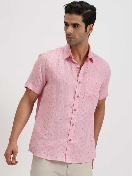 Haynes - Pure Linen Block Printed Dobby Half Sleeve Shirt - Pink | Rescue