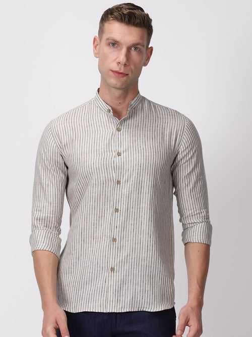 Max - Pure Linen Striped Long Sleeve Shirt - Ecru & Black | Rescue