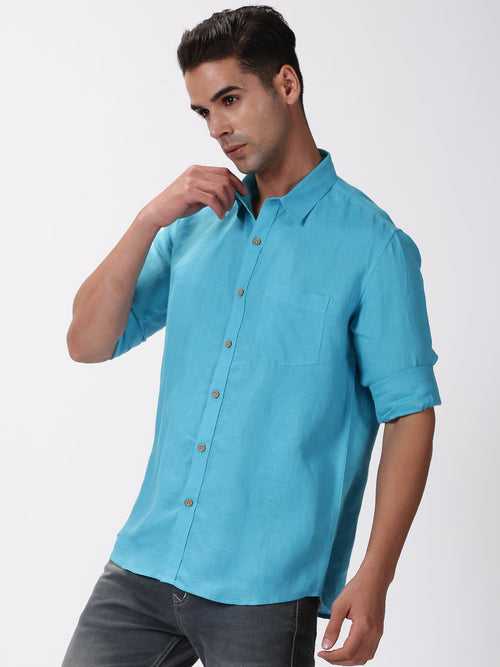 Kian - Pure Linen Regular Collar Full Sleeve Shirt - Aqua Blue | Rescue