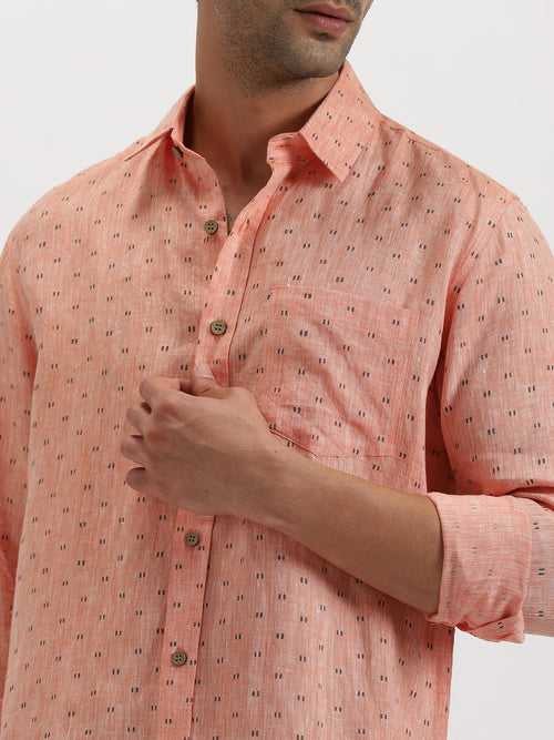 Haynes - Pure Linen Block Printed Dobby Full Sleeve Shirt - Orange | Rescue