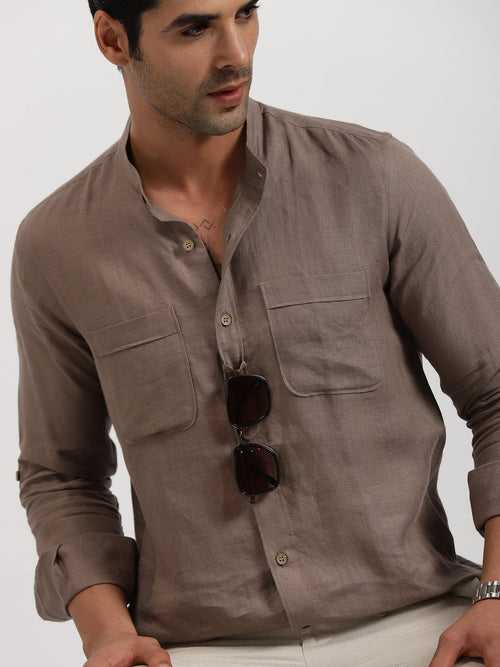 Luca - Pure Linen Double Pocket Full Sleeve Shirt - Sepia Brown | Rescue