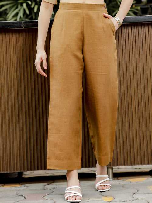 Luna - Ankle Length Pure Linen Trousers - Dark Khaki