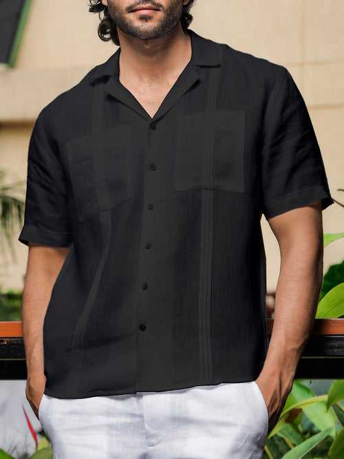 Oversized Pure Linen Cuban Collar Short Sleeve Shirt - Black