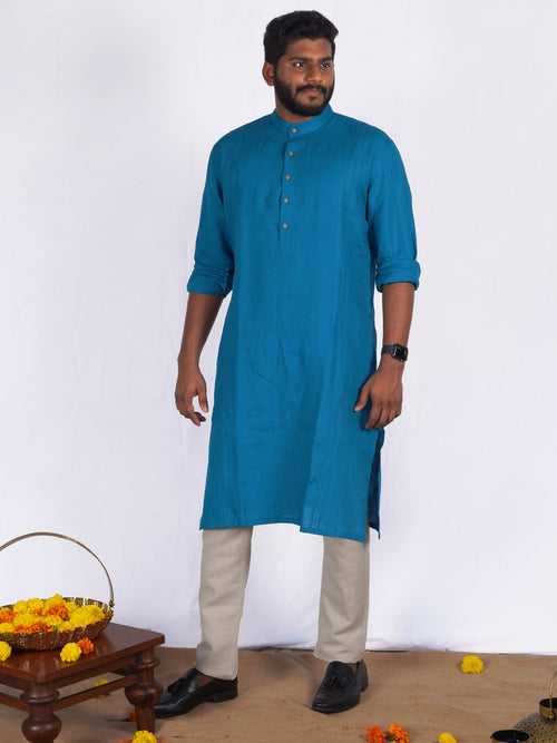 Pete - Full Sleeve Pure Linen Long Kurta - Blue | Rescue